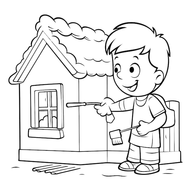 벡터 흑백 만화 그림의 키드 보이 페인팅 하우스 또는 컬러링 책의 하우스