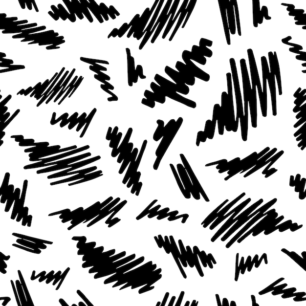 黒と白の落書きラインのシームレスなパターン。シンプルな手描きの抽象的な背景、線画