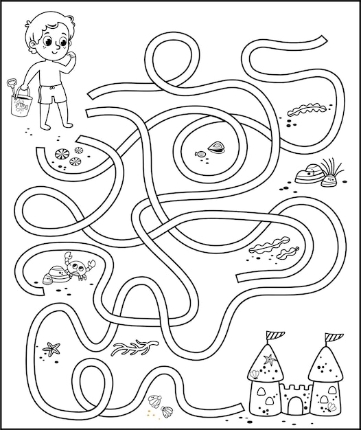 해변 테마 벡터 일러스트 레이 션에 아이 들을 위한 흑백 교육 미로 게임