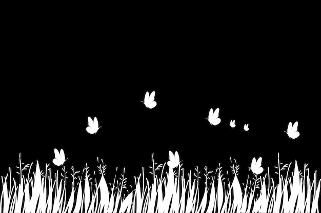 Черно-белая трава с абстрактными иллюстрациями бабочки