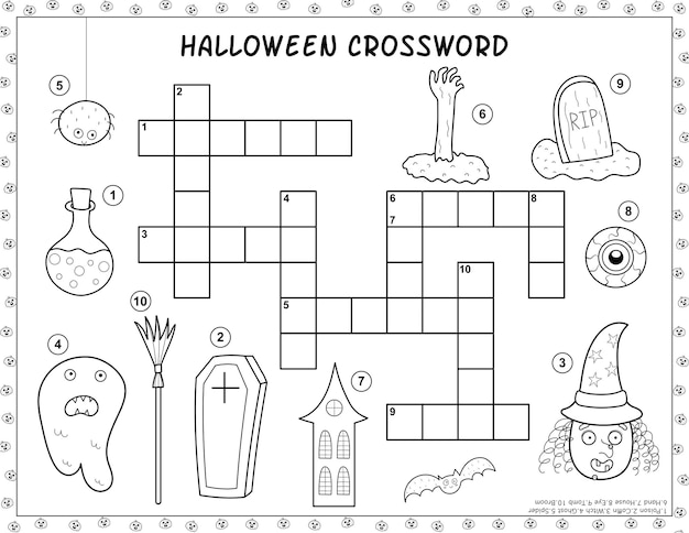 子供向けの黒と白のハロウィーン クロスワード アクティビティ ページ。不気味なキャラクターが登場するパズルゲーム
