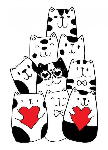 Черно-белая рука рисовать, стиль символов кошка рисовал иллюстрации, раскраски для детей.