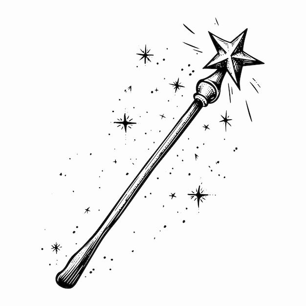 Вектор Черно-белая вручную нарисованная карикатурная волшебная палочка