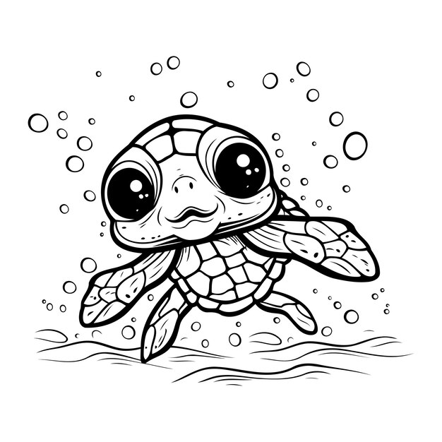 Вектор Черно-белая иллюстрация милой мультяшной черепахи, плавающей в море