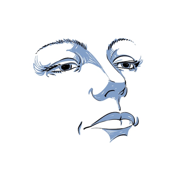 Вектор Черно-белая иллюстрация женского лица, тонкие черты лица. глаза и губы печальной женщины, эмоциональное выражение.