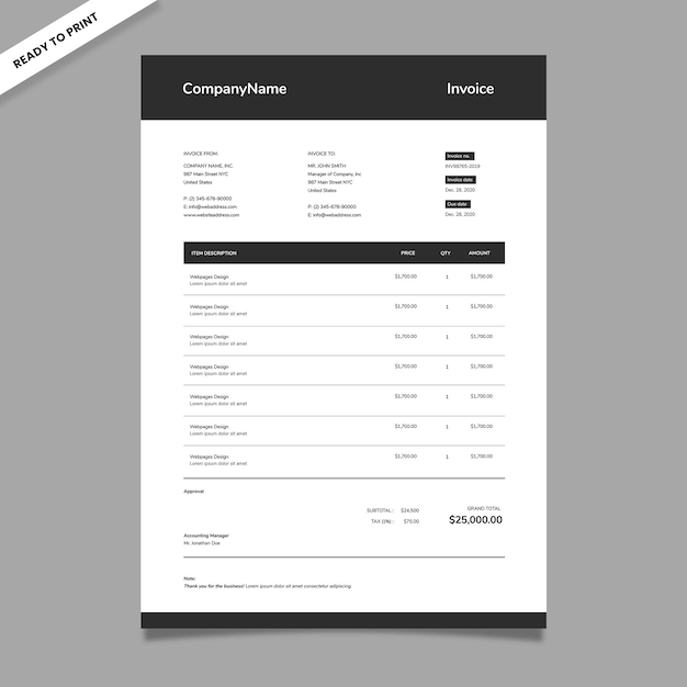 ベクトル 黒と白の請求書テンプレート