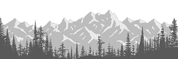 Черно-белый пейзаж елового леса на фоне снежных гор