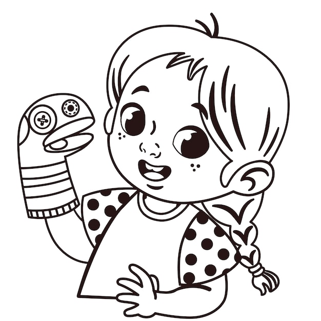 Вектор Черно-белая маленькая девочка играет с векторной иллюстрацией марионетки