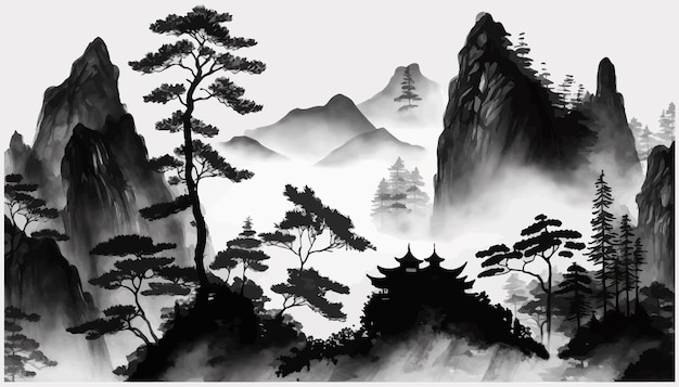 Вектор Черно-белая векторная иллюстрация гор в традиционном восточном минималистичном японском стиле