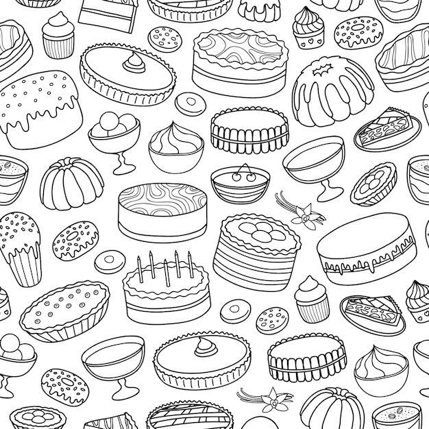 黒と白の無縫のパターンで,さまざまな輪の手描きのケーキ