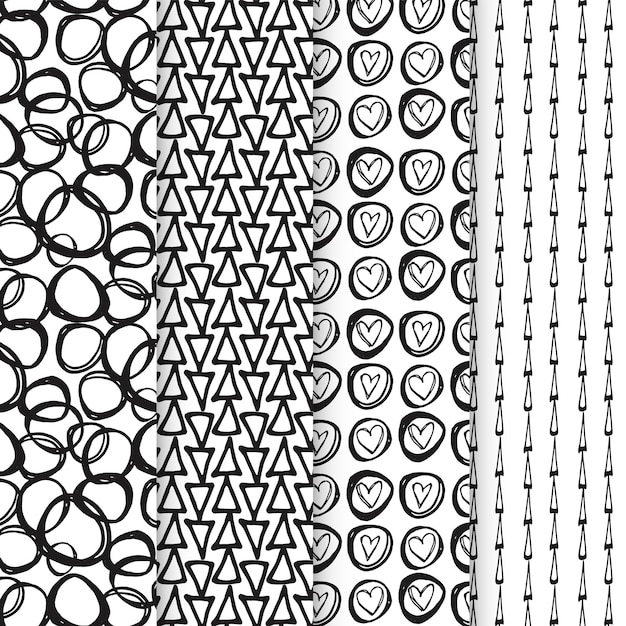 Черно-белые бесшовные модели с чернильной кистью и маркером. рисованной каракули формы, отметки и линии. вектор