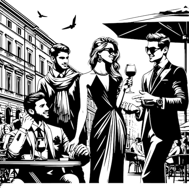벡터 도시 거리 카페 에서 인사를 하는 유럽인 들 의 그룹 의 검은색 과 색 실루
