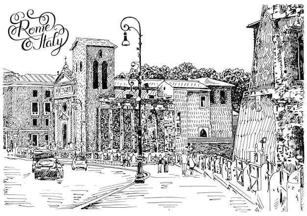 Вектор Черно-белый рисунок руки рисунок знаменитого городского пейзажа рима италии с ручной надписью
