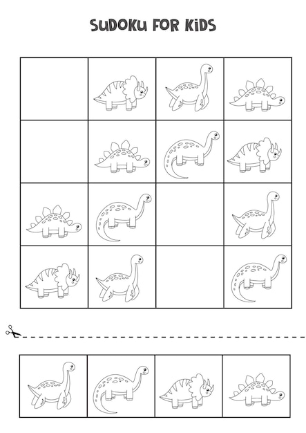 미취학 아동을위한 흑백 스도쿠. 귀여운 공룡과 논리 게임.