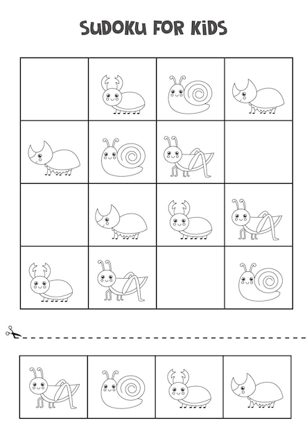 미취학 아동을위한 흑백 스도쿠. 귀여운 곤충과 논리 게임.