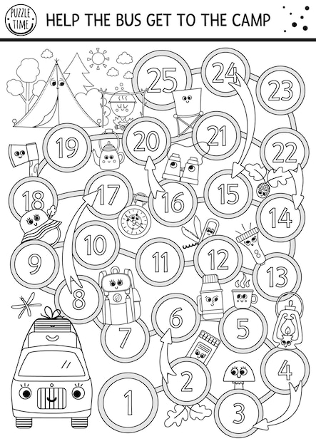 귀여운 카와이 버스와 캠핑 장비를 갖춘 어린이를 위한 흑백 여름 캠프 주사위 보드 게임 활성 휴일 개요 보드 게임 가족 여행 활동 또는 색칠 공부 페이지xa