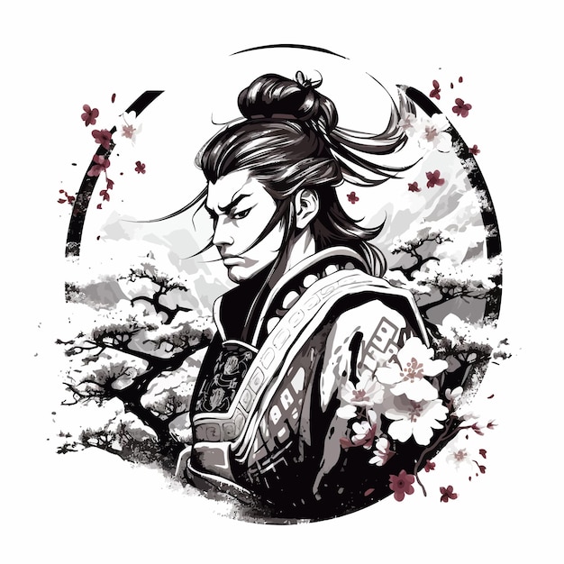 Vector black_and_white_tattoo_of_samurai_japan_vector