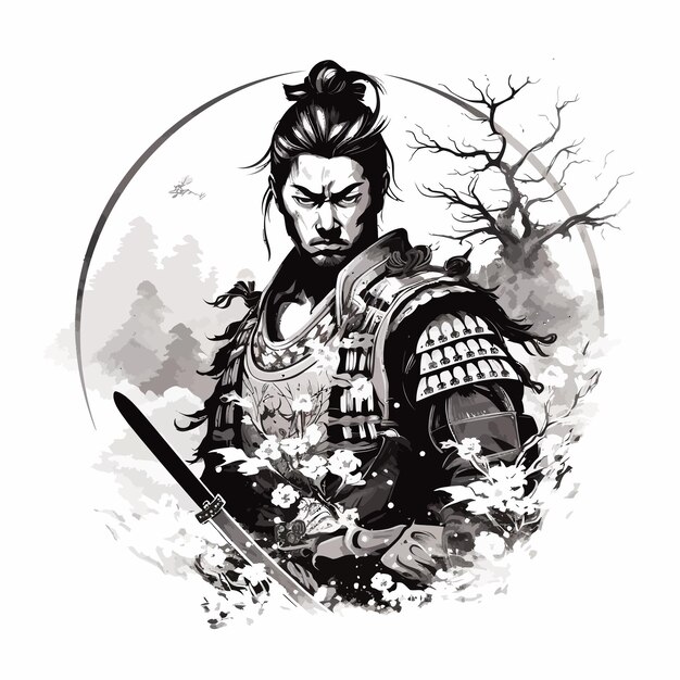 Vector black_and_white_tattoo_of_samurai_japan_vector