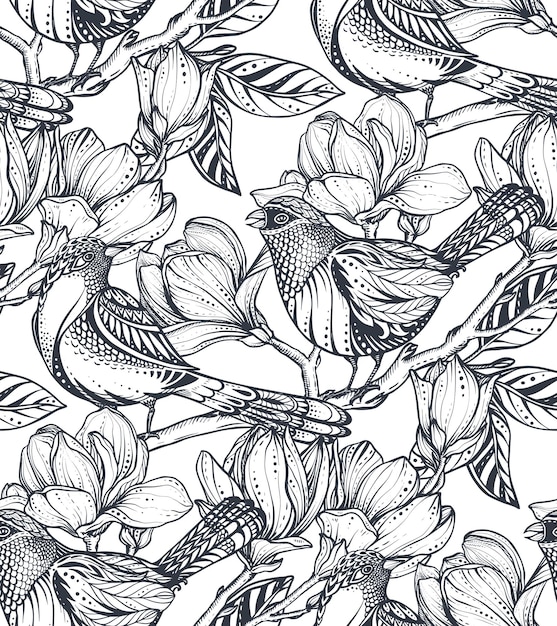 Черно-белый векторный цветочный бесшовный рисунок ветвей цветов магнолии и птиц