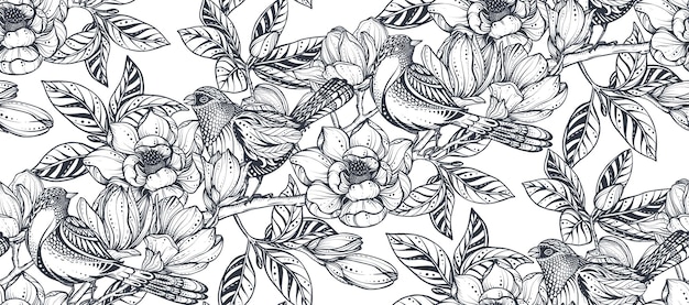 Черно-белый векторный цветочный бесшовный рисунок ветвей цветов магнолии и птиц