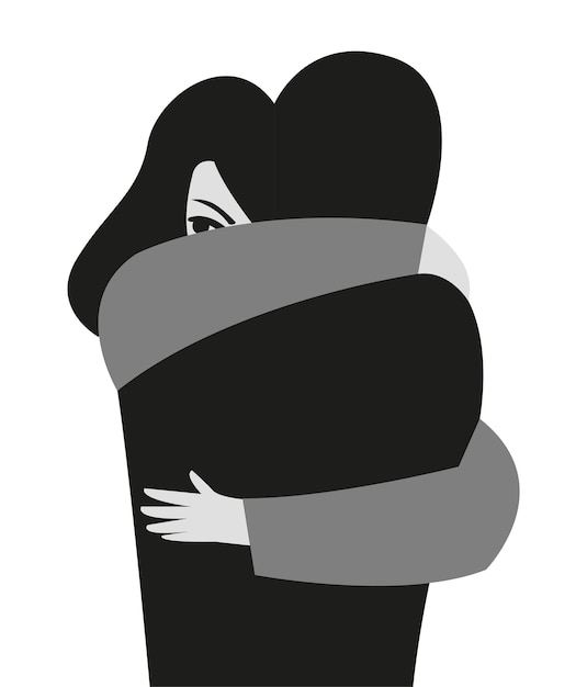 Черно-белая векторная иллюстрация мужчины и женщины, обнимающихся друг с другом