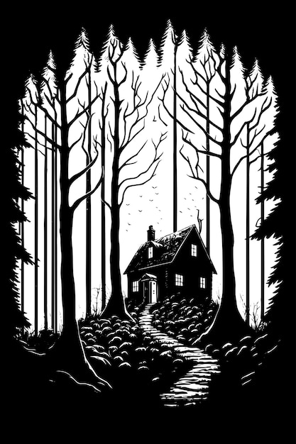 벡터 어두운 숲에 있는 작은 집의 흑백 벡터 스케치 그림