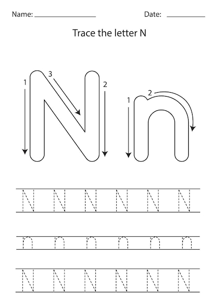 영어 알파벳 학습을 위한 흑백 워크시트입니다. 추적 문자 N.