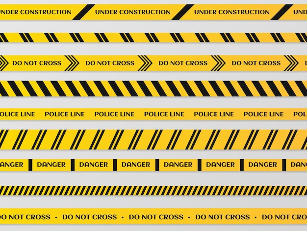 黒と黄色のストライプは、危険注意シームレステープアートデザインラインの警察テープセットをベクトルします