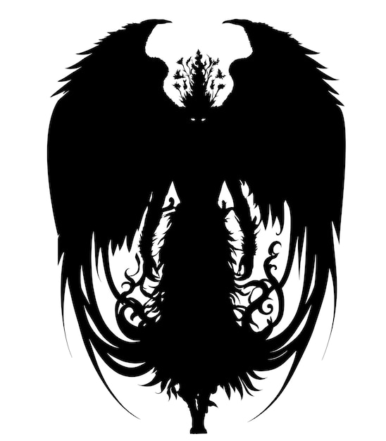 A black angel with a white background and a black angel on the left side.