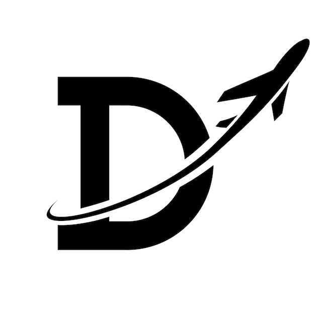 Black Antique Letter D Icon with an Airplane on a White Background