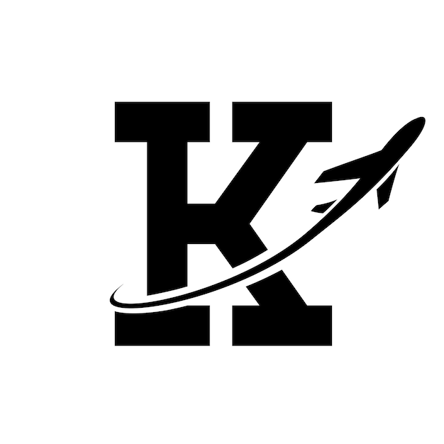 Black Antique Letter K Icon with an Airplane on a White Background