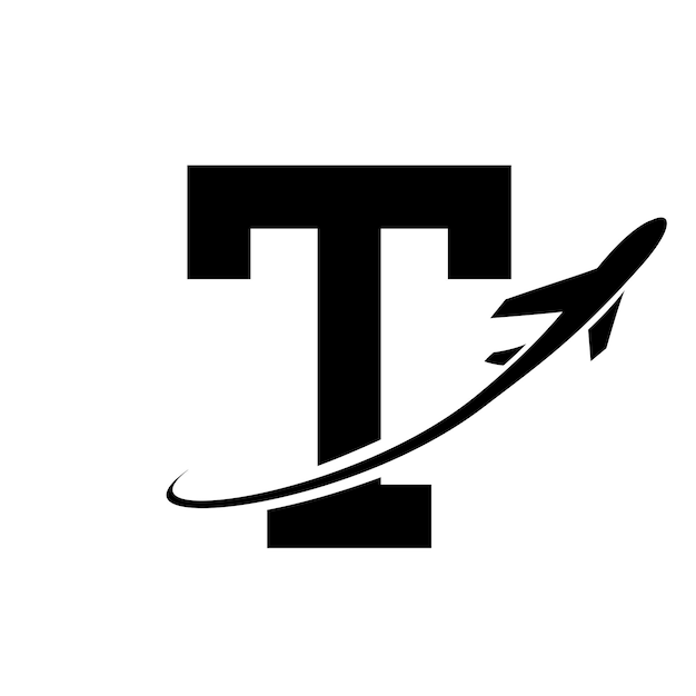 Black Antique Letter T Icon with an Airplane on a White Background