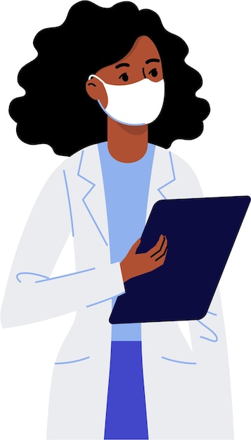 Vector black arican american doctor woman with folder in mask