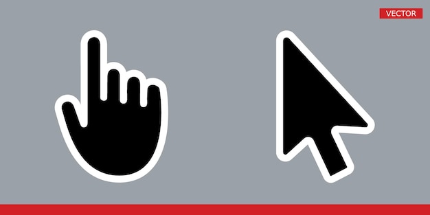 Черная стрелка и указатель курсора в виде руки с закругленными углами, набор векторных иллюстраций