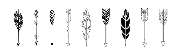 Black arrow with feather silhouette design element vector set