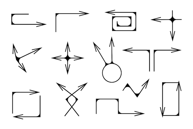 흰색 배경 라인 아트 손으로 그린 화살표 벡터 컬렉션 격리 디자인 요소에 검은색 화살표 설정