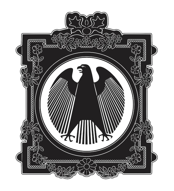 Vector black art eagle logo with baroque frame 3 handmade silhouette collection