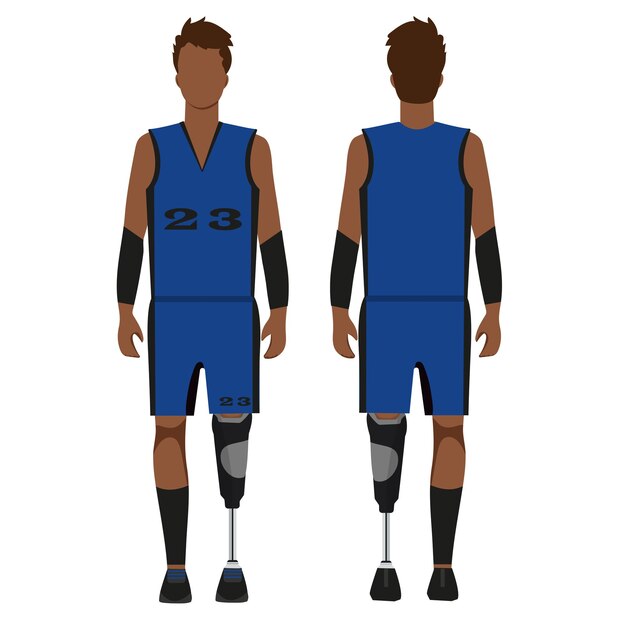 black athlete in blue basketball uniform front and back view with prosthetic legs