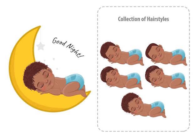 검은 아기 소년 잠자는 컬렉션 만화 캐릭터 벡터