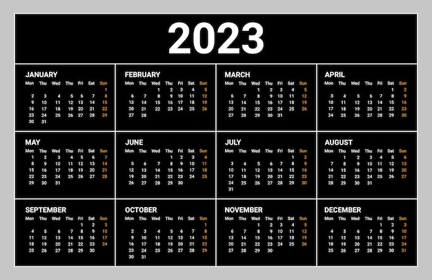 Black background 2023 calendar sunday off day.