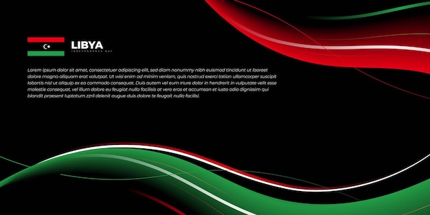 Black background design with waving red and green lines for libya independence day design