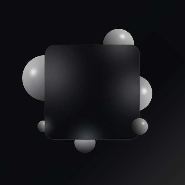 Vector black background from 3d spheres of geometric shapes with glass morphism or glass effect