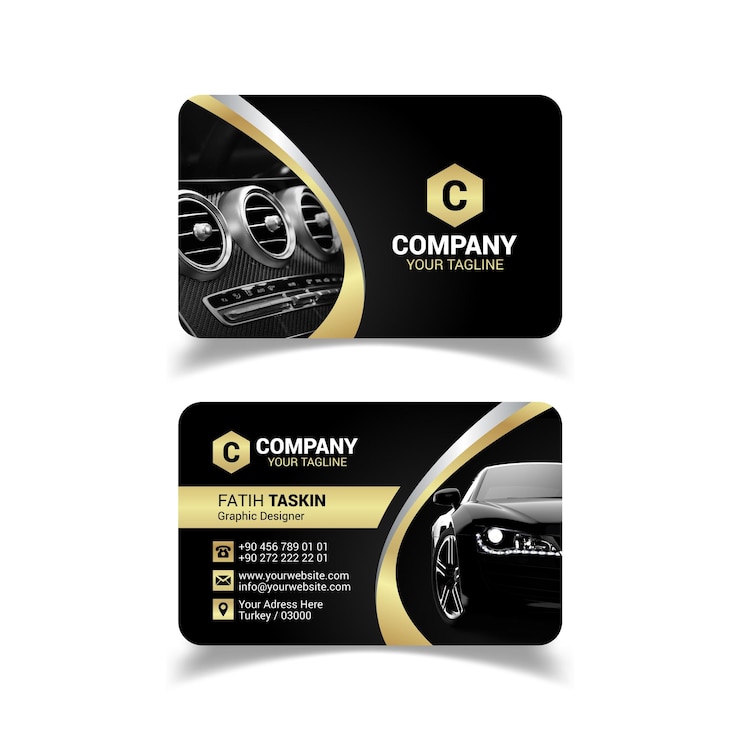 Vector black background gold detailed automotive business card template