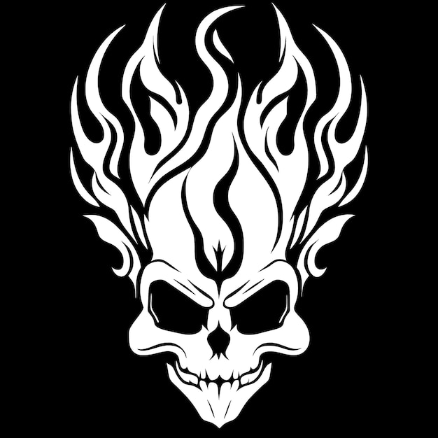 Vector black background skull with flames tattoo vector illustration line art