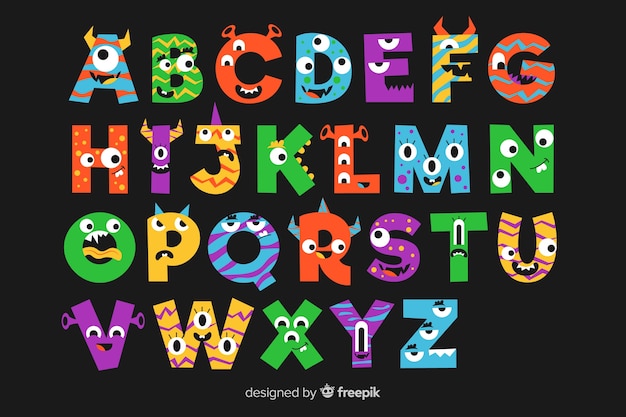 Black background with alphabet letters with halloween monsters