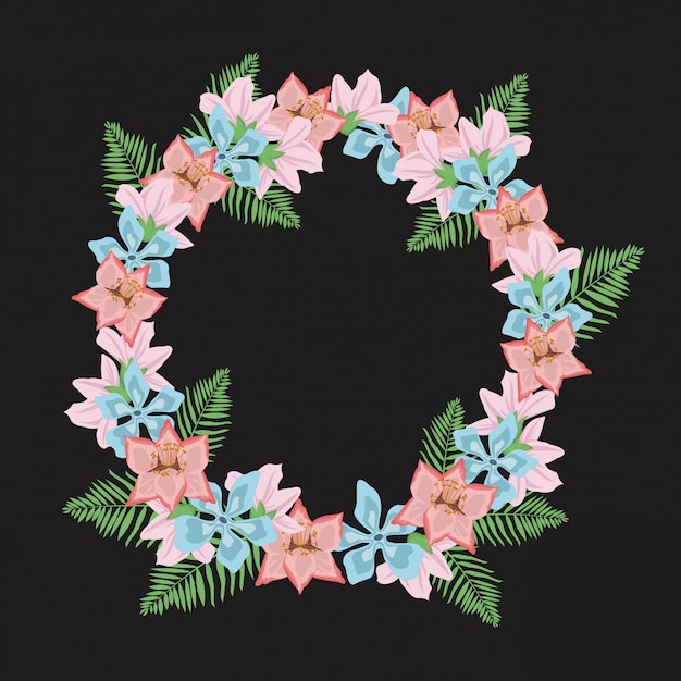 black background with decorative circular border with color pastel flowers and leaves