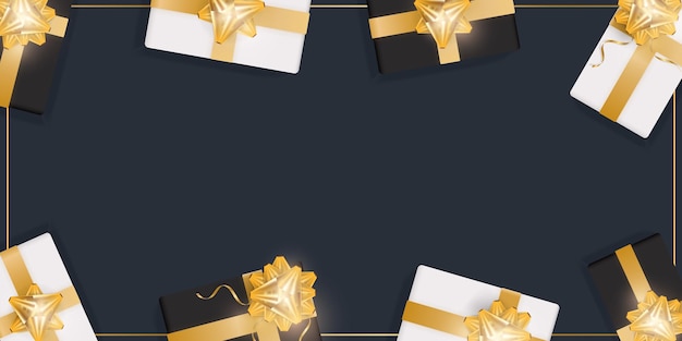 black background with gifts and place for text. realistic gift boxes with gold ribbons and bow. vector illustration. view from above.