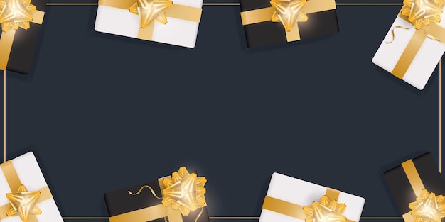 Black background with gifts and place for text. Realistic gift boxes with gold ribbons and bow. Vector illustration. View from above.