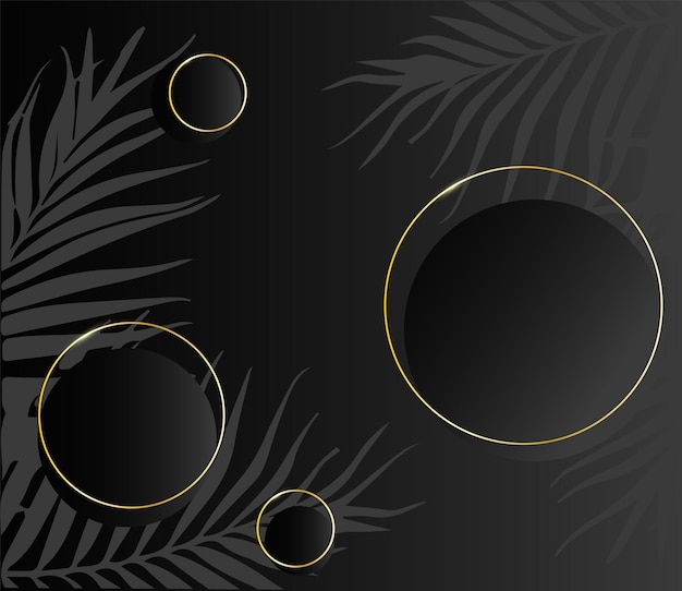 Vector a black background with a gold circle and palm leaves.