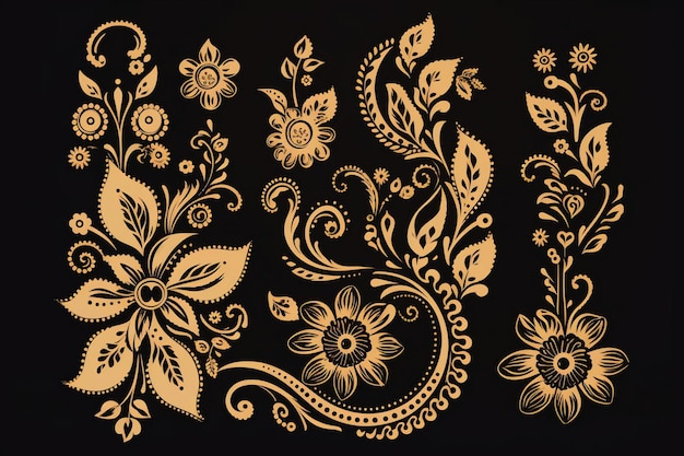 A black background with gold flowers and leaves